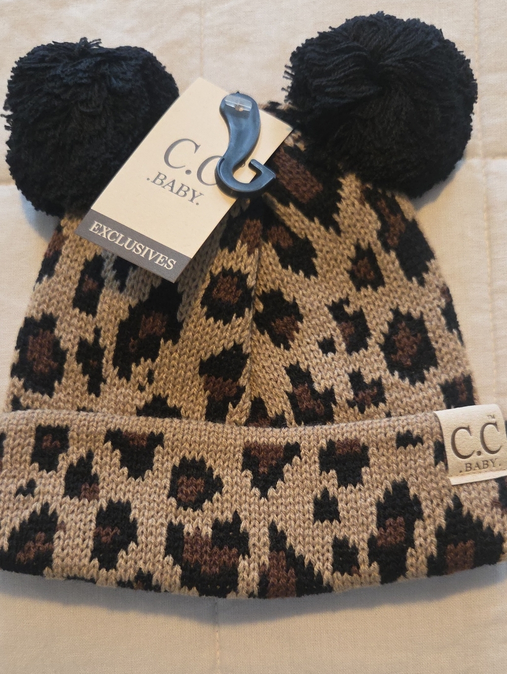 C.C. Exclusives Baby Leopard Print Pom Pom Beanie - Tan & Black